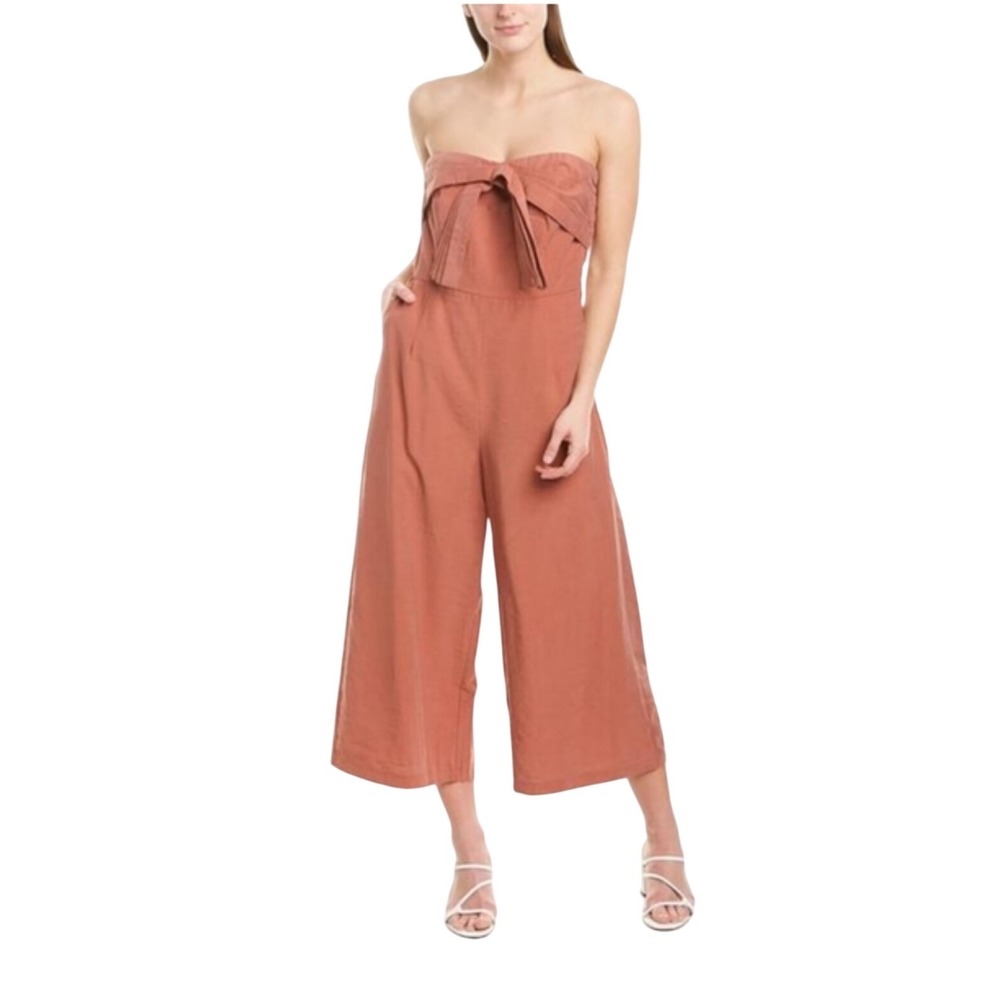 Greylin Gracie Strapless Bow Front Wide Leg Jumpsuit Rust Terracotta Medium